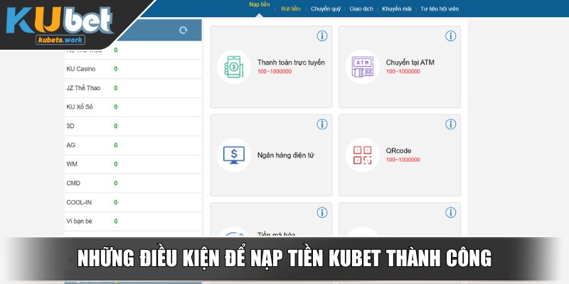Những điều kiện để nạp tiền KUBET thành công